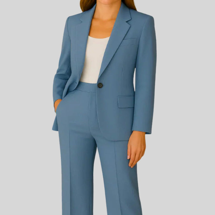 Women's Tailored Single-Button Blazer Straight-Leg Suit Set - Blue