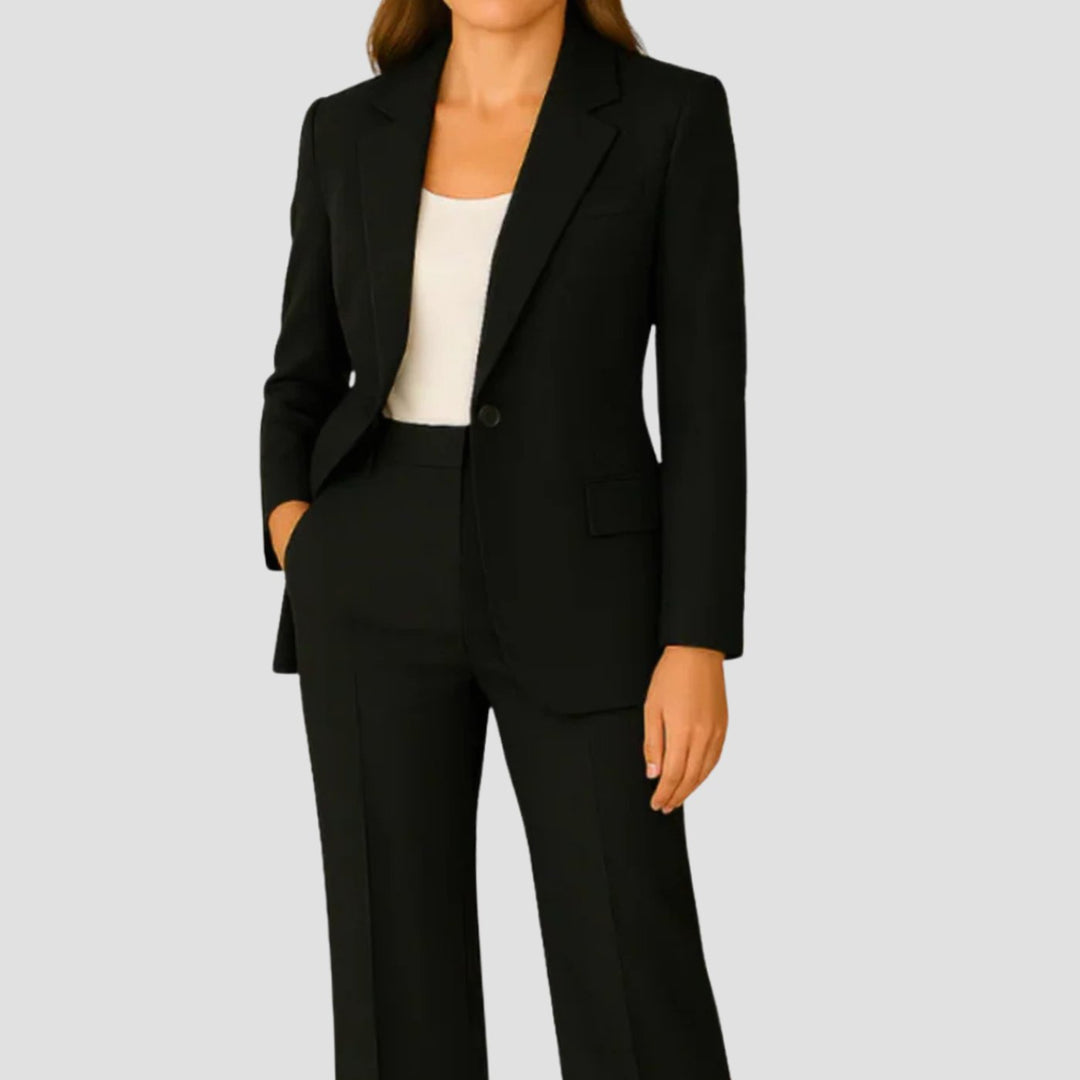 Women's Tailored Single-Button Blazer Straight-Leg Suit Set - Black