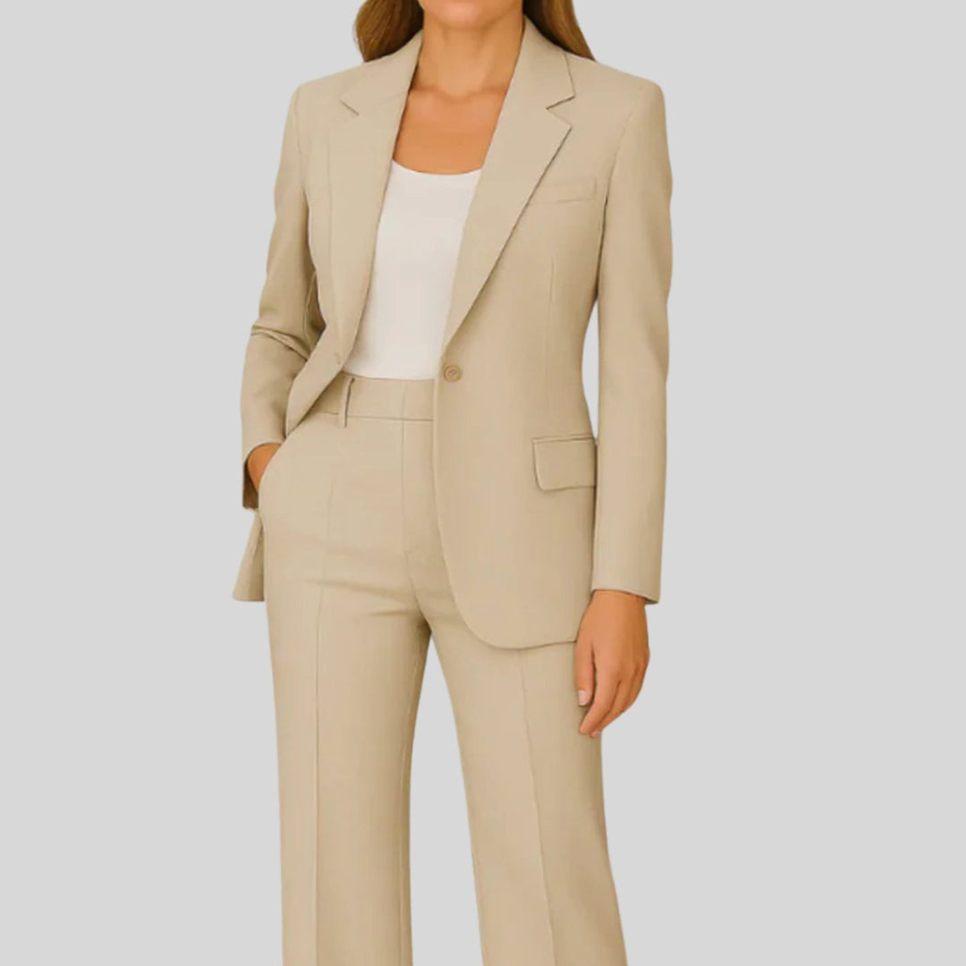 Women's Tailored Single-Button Blazer Straight-Leg Suit Set - Beige