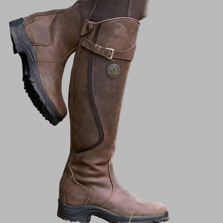 Women's Tall Leather Buckle-Strap Knee-High Riding Boots - Dark Brown