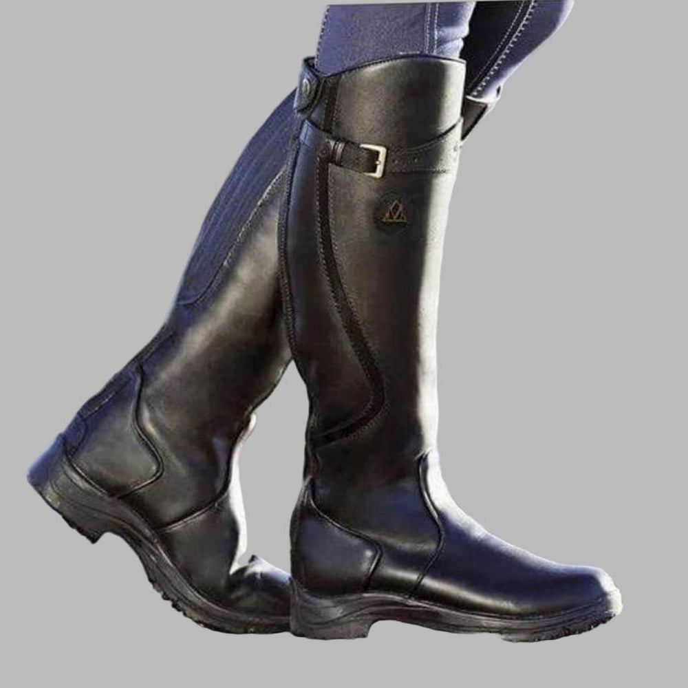 Women's Tall Leather Buckle-Strap Knee-High Riding Boots - Black
