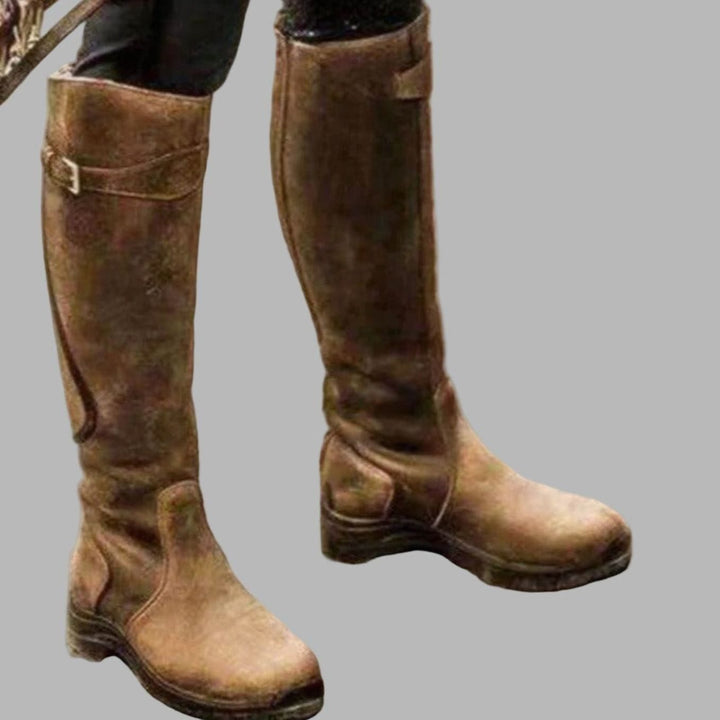 Women's Tall Leather Buckle-Strap Knee-High Riding Boots - Brown