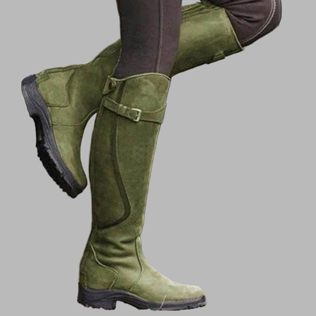Women's Tall Leather Buckle-Strap Knee-High Riding Boots - Green