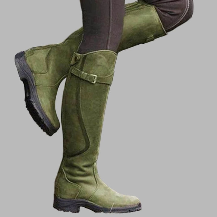Women's Tall Leather Buckle-Strap Knee-High Riding Boots - Green