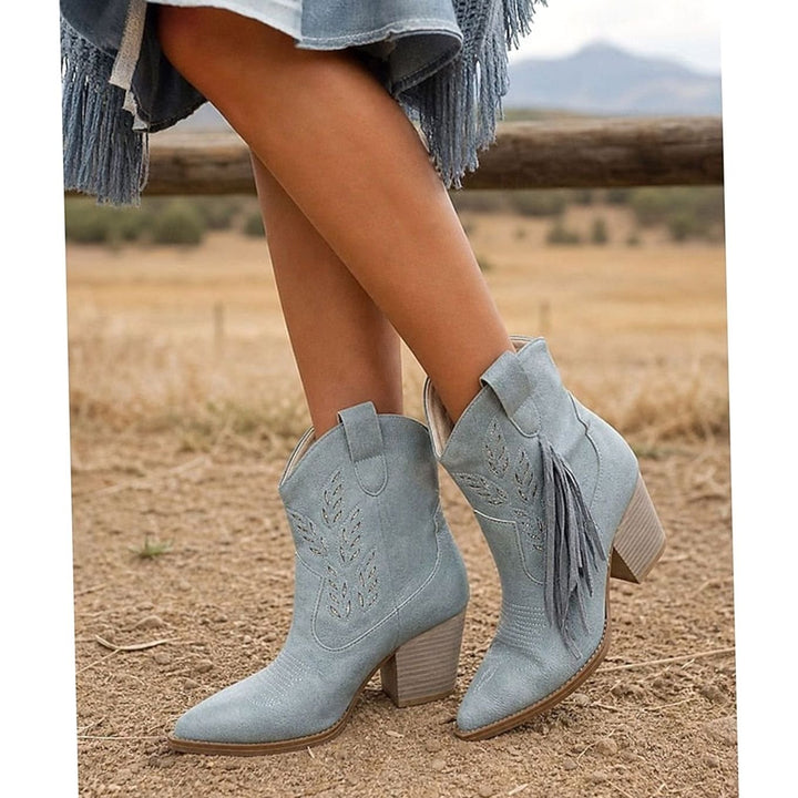 Women's Tasseled Western Ankle Boots Block Heel Pointed Toe, Light Blue