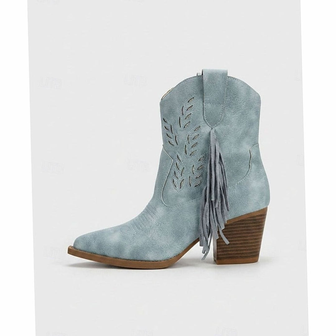 Women's Tasseled Western Ankle Boots Block Heel Pointed Toe, Light Blue