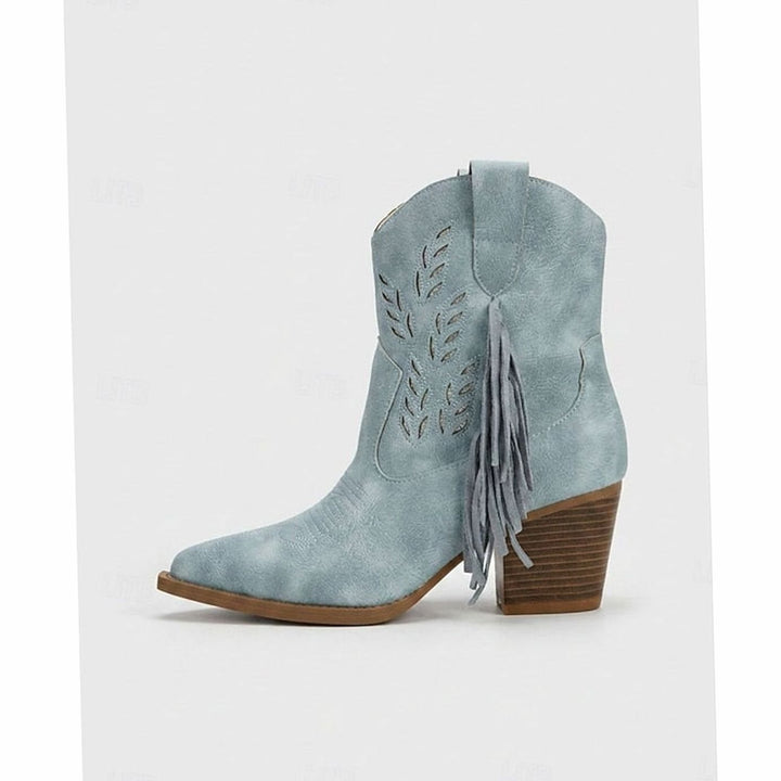Women's Tasseled Western Ankle Boots Block Heel Pointed Toe, Light Blue