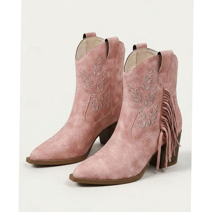 Women's Tasseled Western Ankle Boots Block Heel Pointed Toe, Light Blue - Pink