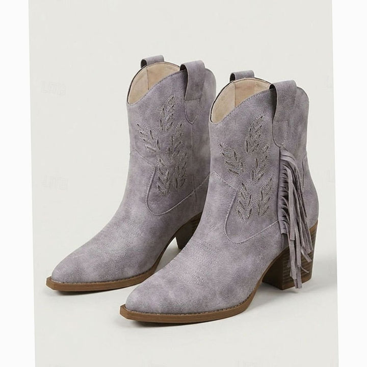 Women's Tasseled Western Ankle Boots Block Heel Pointed Toe, Light Blue - Purple