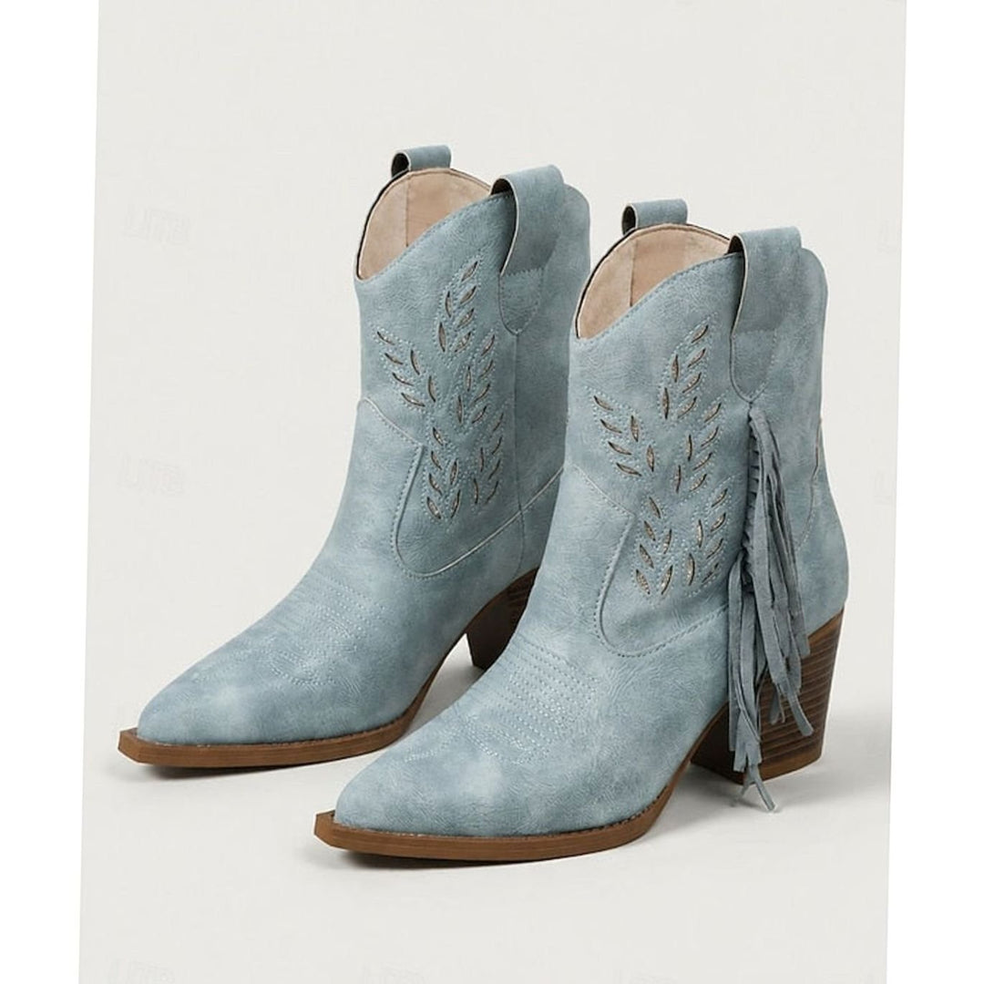 Women's Tasseled Western Ankle Boots Block Heel Pointed Toe, Light Blue - Blue