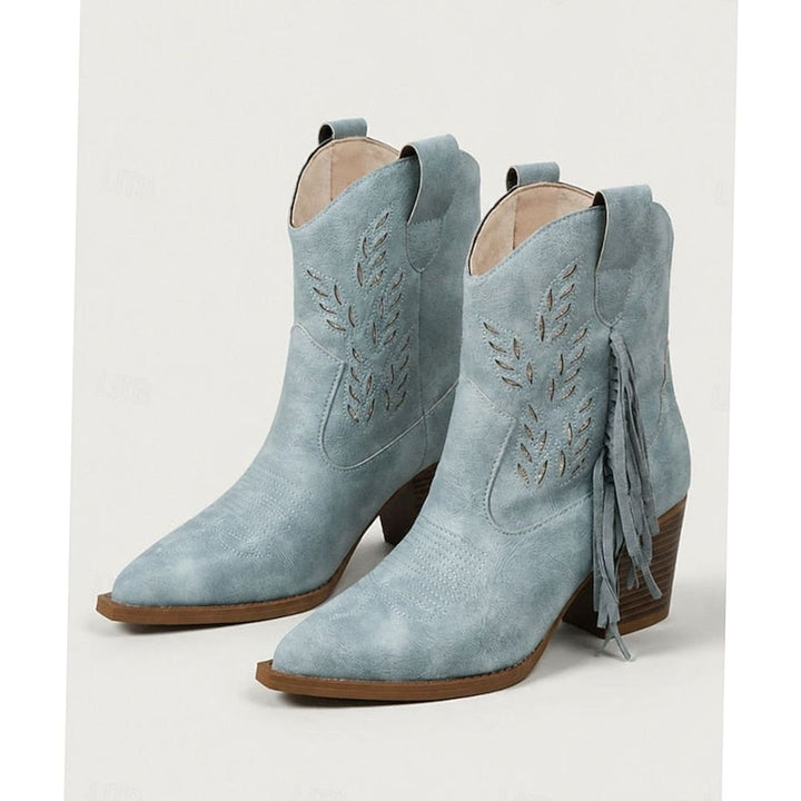 Women's Tasseled Western Ankle Boots Block Heel Pointed Toe, Light Blue - Blue