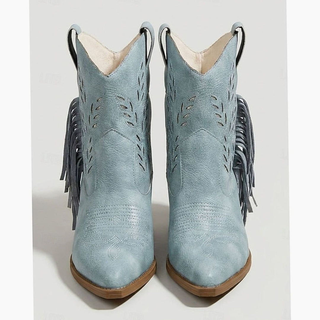 Women's Tasseled Western Ankle Boots Block Heel Pointed Toe, Light Blue