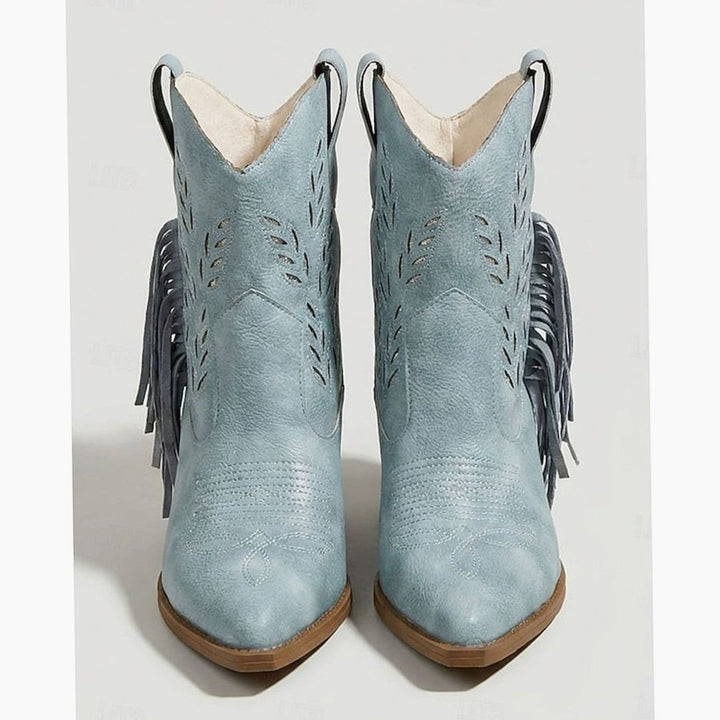 Women's Tasseled Western Ankle Boots Block Heel Pointed Toe, Light Blue