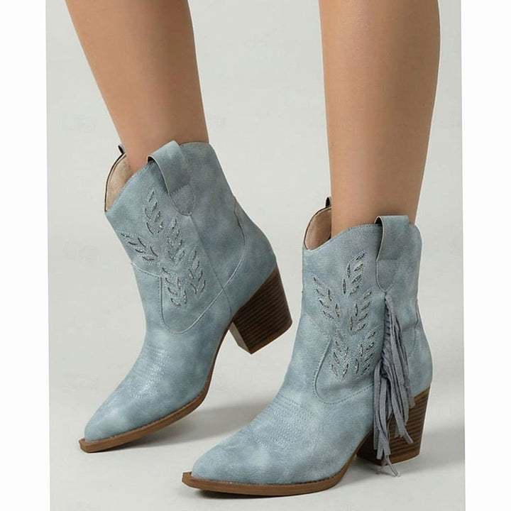 Women's Tasseled Western Ankle Boots Block Heel Pointed Toe, Light Blue