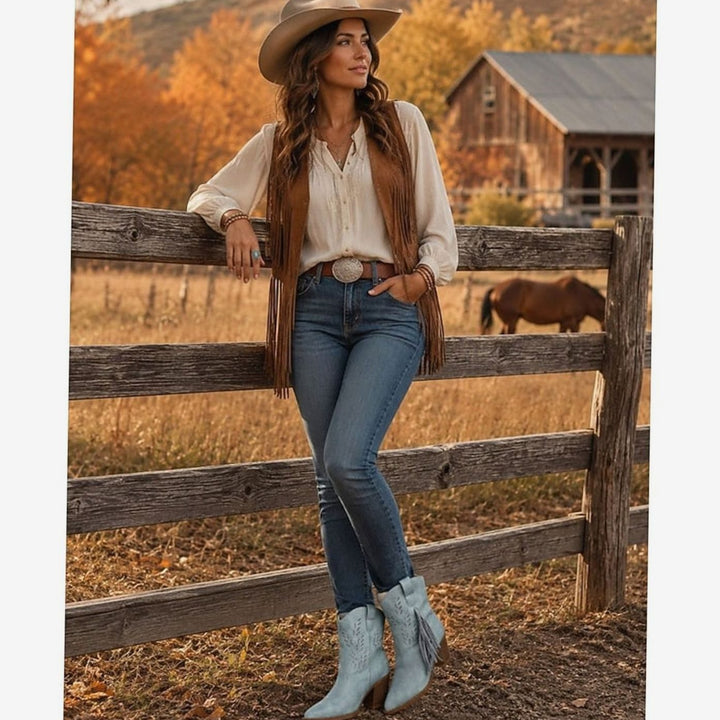 Women's Tasseled Western Ankle Boots Block Heel Pointed Toe, Light Blue