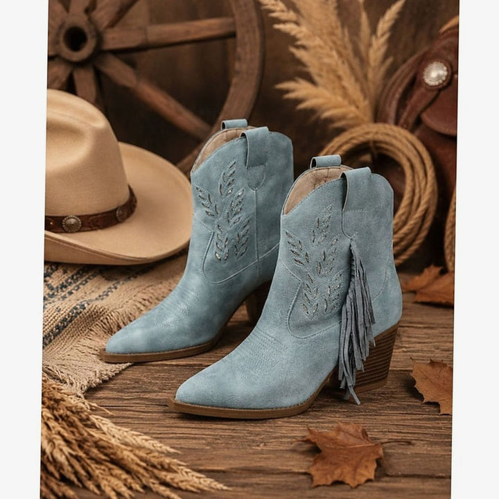 Women's Tasseled Western Ankle Boots Block Heel Pointed Toe, Light Blue