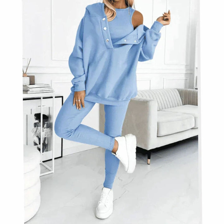 Women's Three-Piece Hooded Button-Neck Lounge Winter Set - Blue