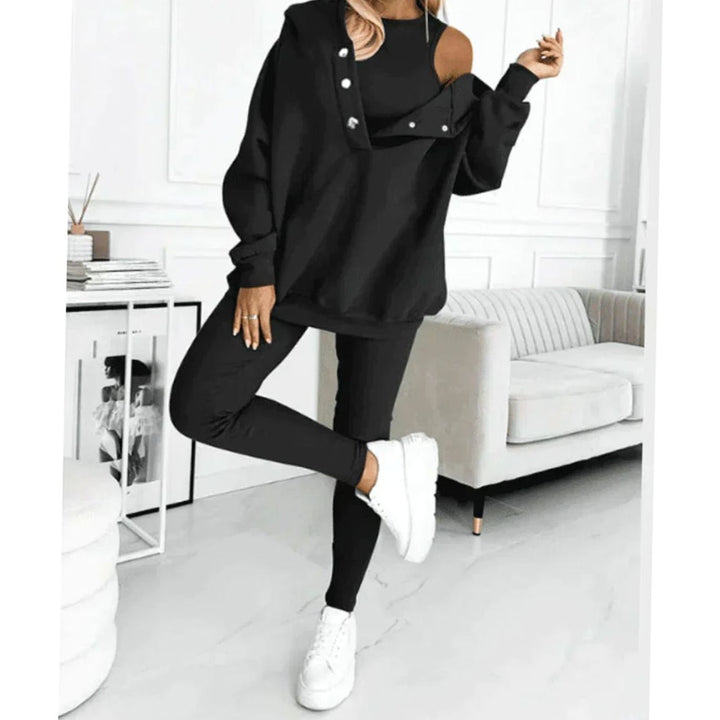Women's Three-Piece Hooded Button-Neck Lounge Winter Set - Black