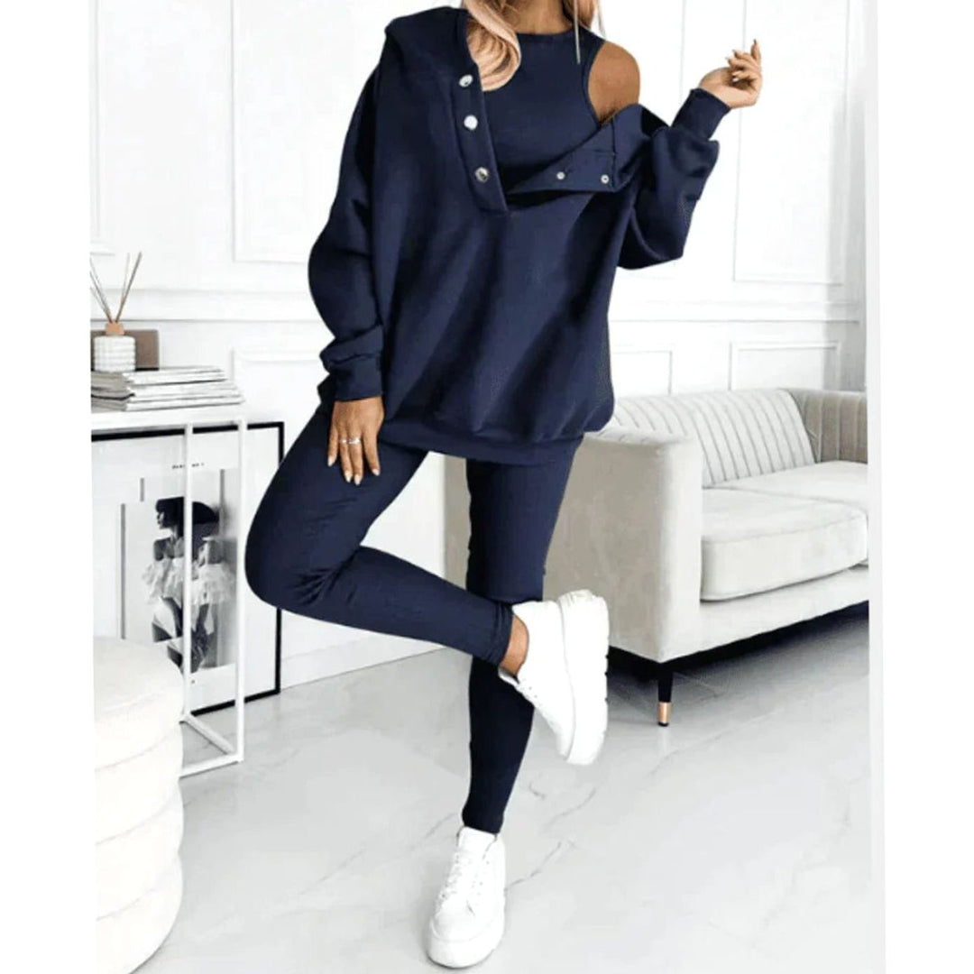 Women's Three-Piece Hooded Button-Neck Lounge Winter Set - Dark Blue
