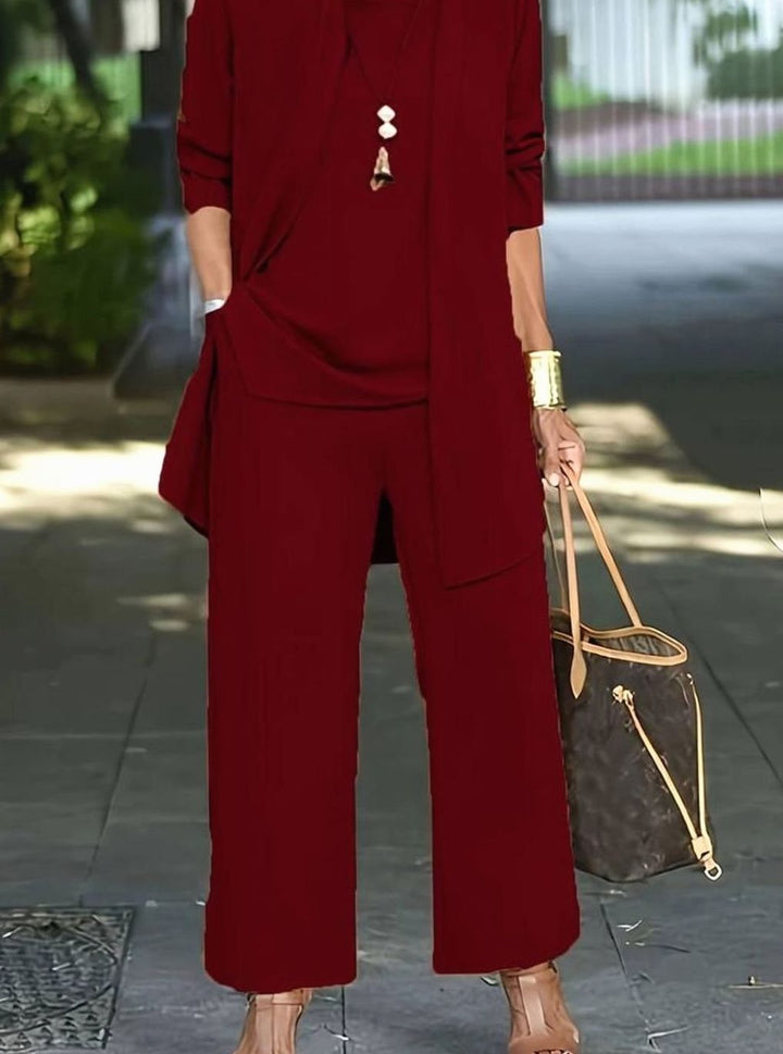 Women's Three-Piece Relaxed Wide-Leg Outfit Set - Bordeaux Red