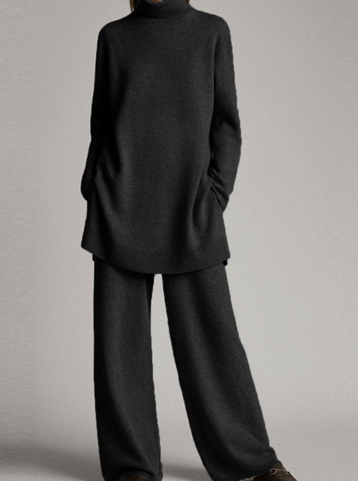 Women's Turtleneck Oversized Knit Lounge Set Wide-Leg Pants - Black