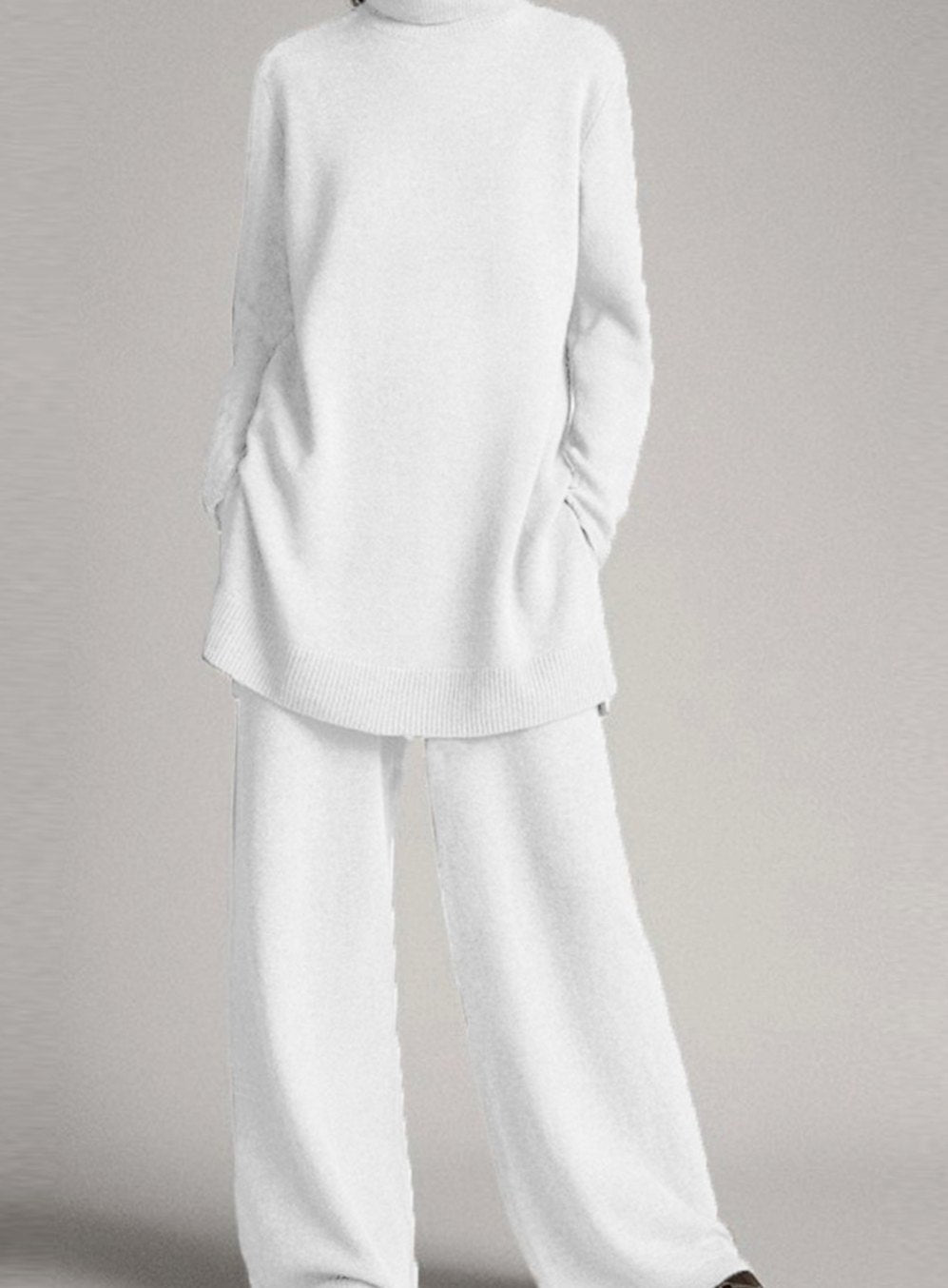 Women's Turtleneck Oversized Knit Lounge Set Wide-Leg Pants - White