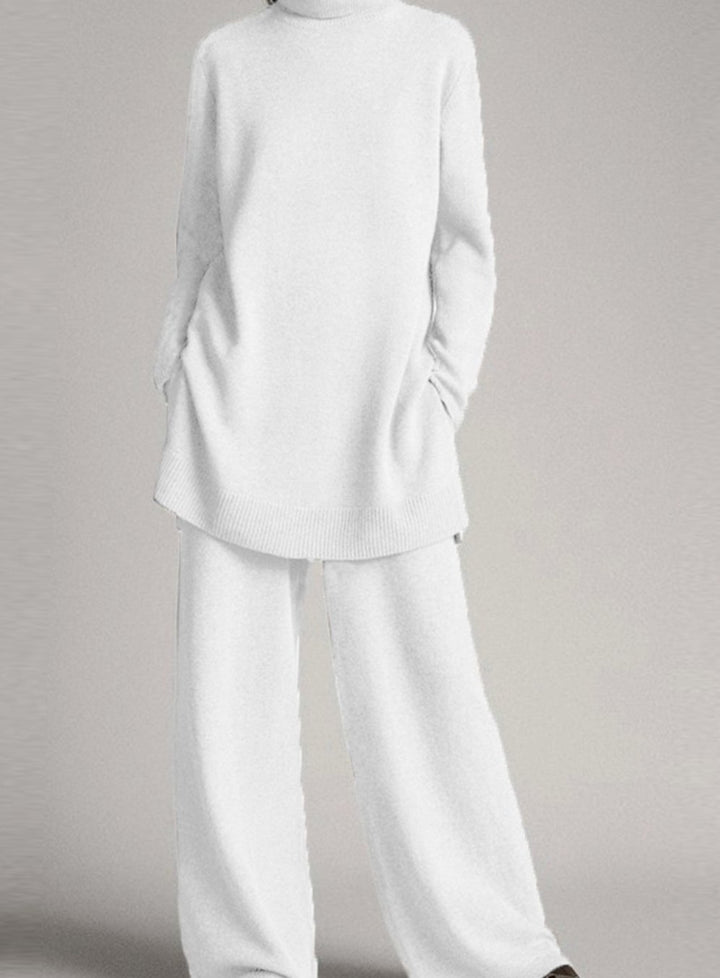 Women's Turtleneck Oversized Knit Lounge Set Wide-Leg Pants - White