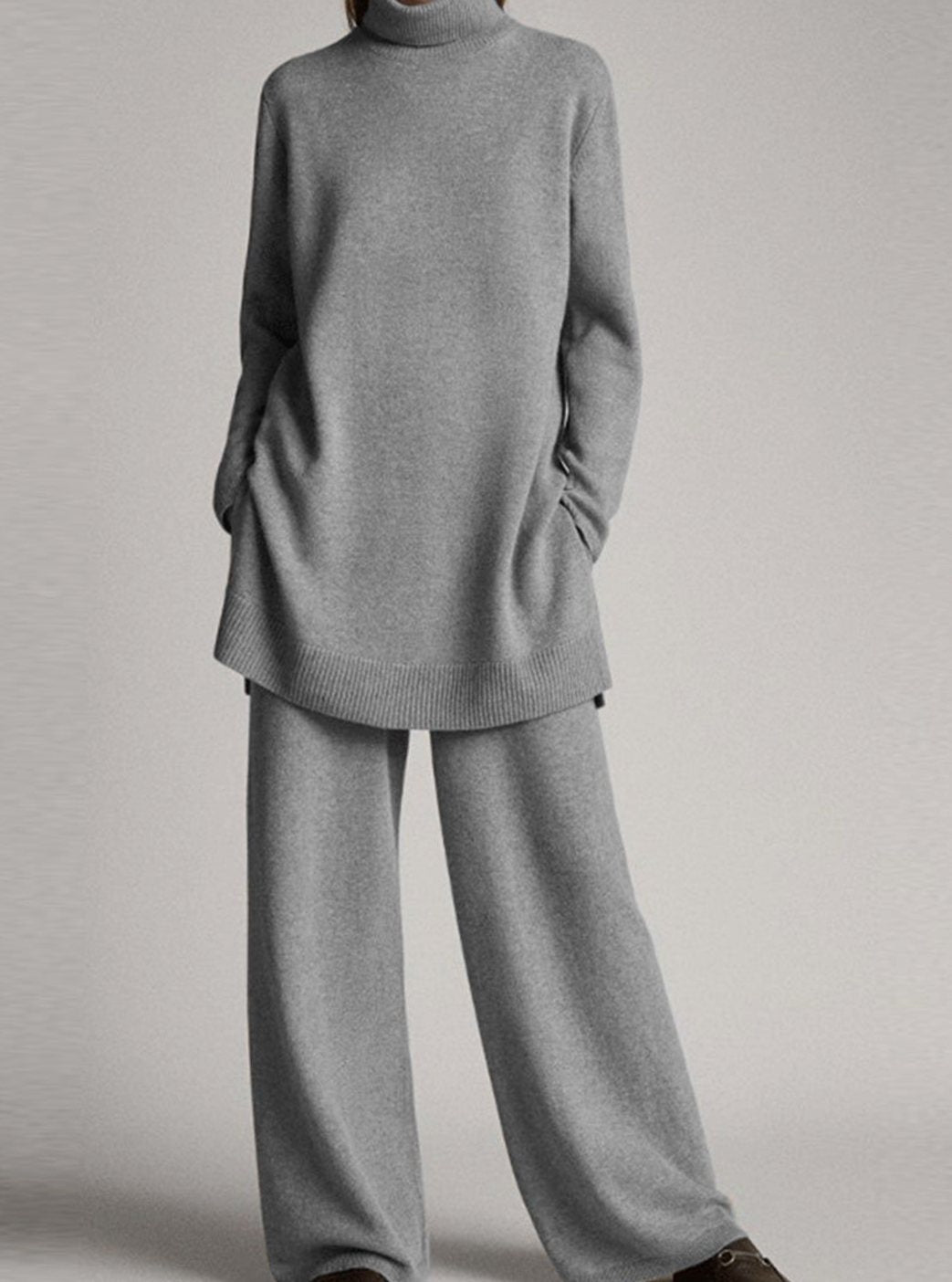Women's Turtleneck Oversized Knit Lounge Set Wide-Leg Pants - Grey