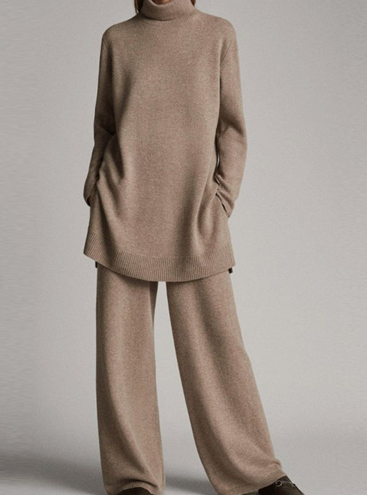 Women's Turtleneck Oversized Knit Lounge Set Wide-Leg Pants - Beige