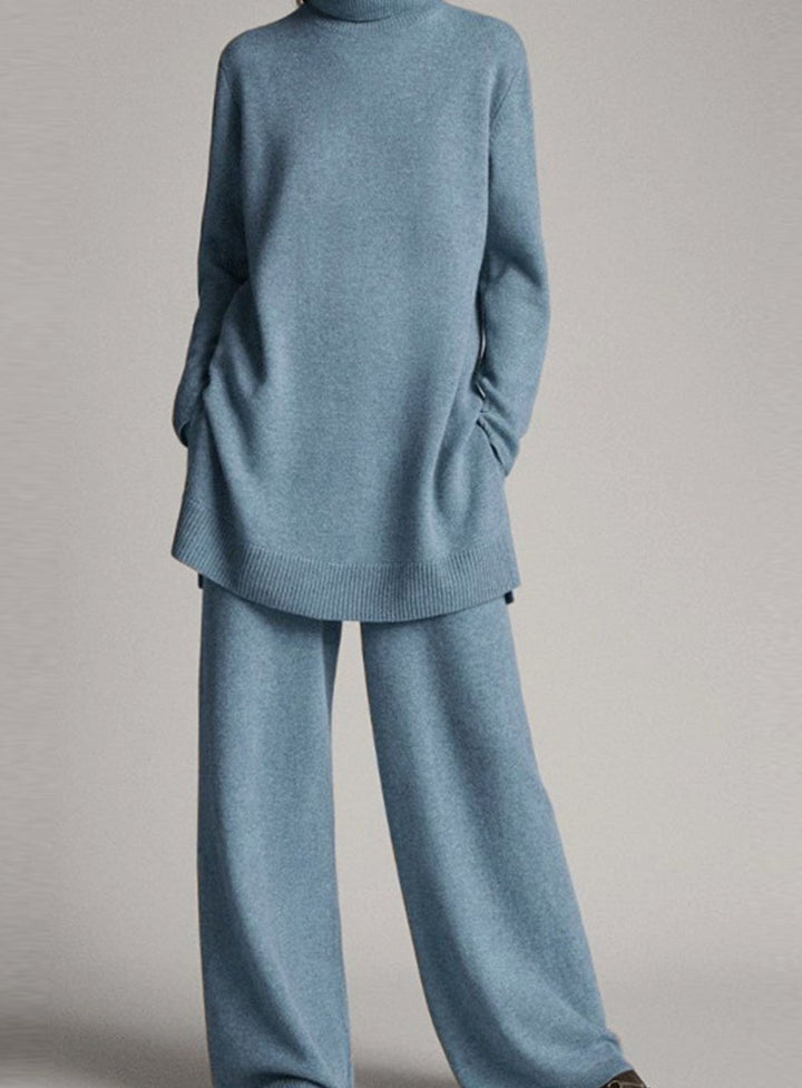 Women's Turtleneck Oversized Knit Lounge Set Wide-Leg Pants - Blue