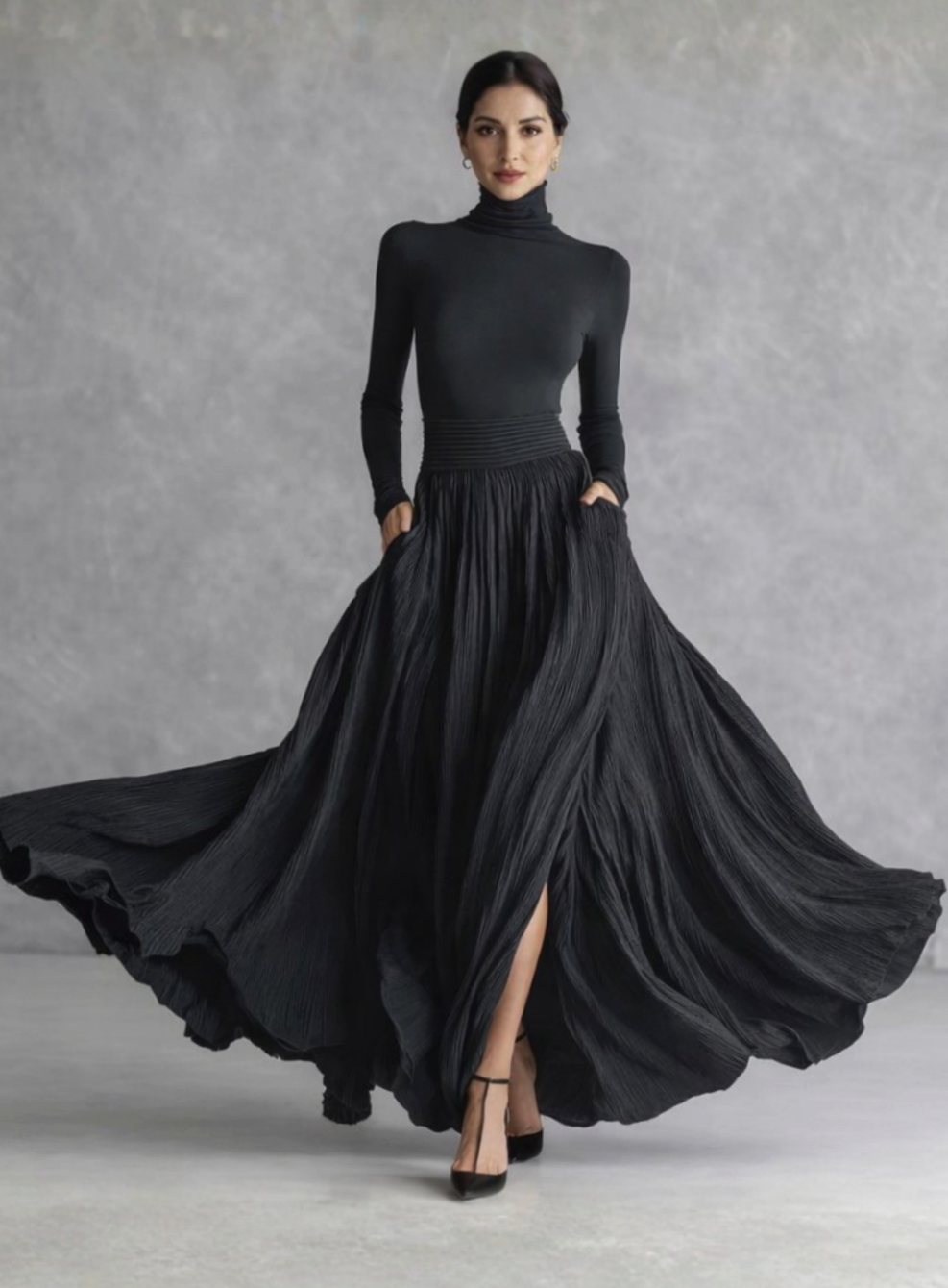 Women's Turtleneck Pleated Full-Skirt Maxi Dress with Side Pockets - Black