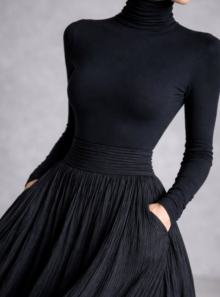 Women's Turtleneck Pleated Full-Skirt Maxi Dress with Side Pockets