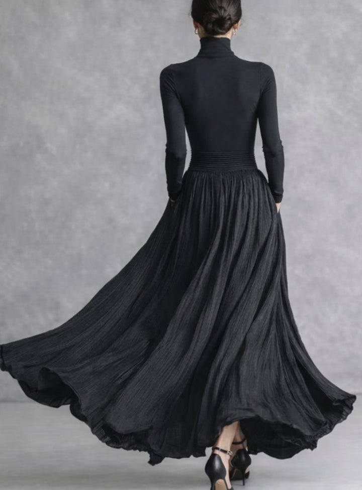Women's Turtleneck Pleated Full-Skirt Maxi Dress with Side Pockets