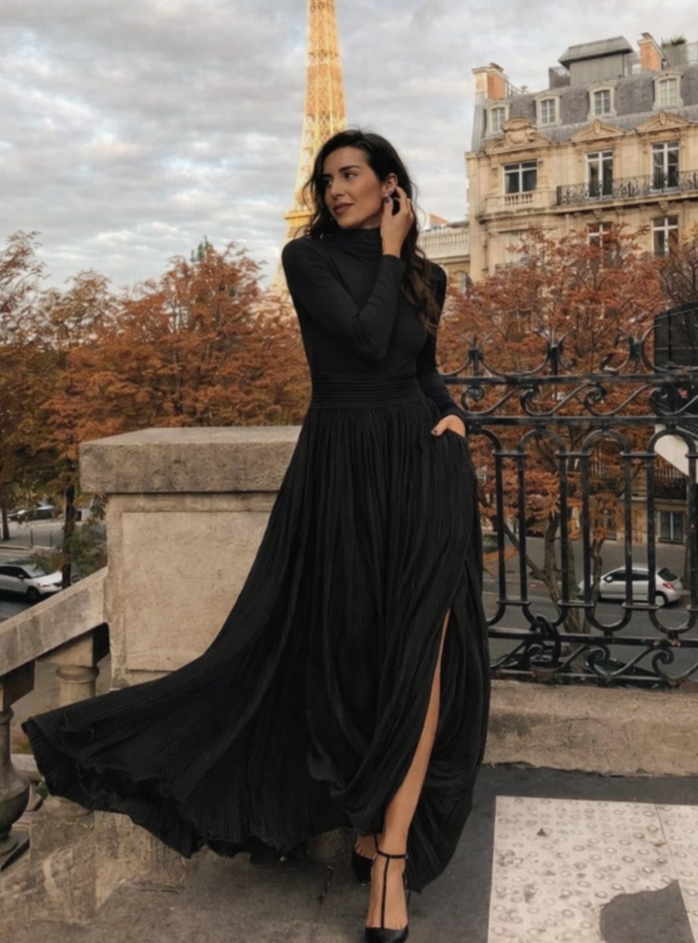 Women's Turtleneck Pleated Full-Skirt Maxi Dress with Side Pockets