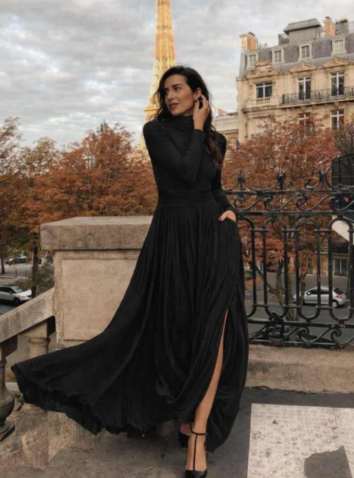 Women's Turtleneck Pleated Full-Skirt Maxi Dress with Side Pockets