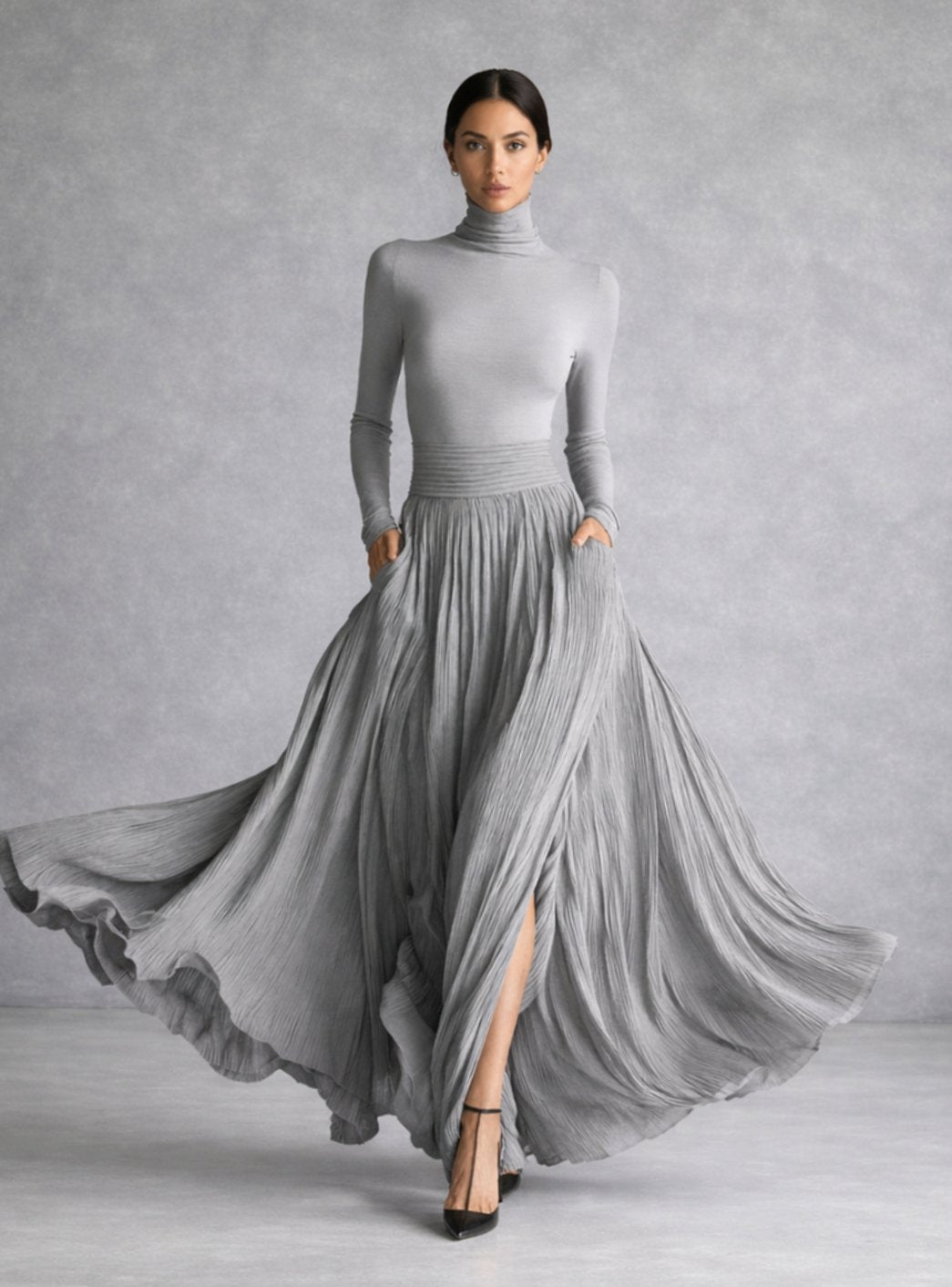 Women's Turtleneck Pleated Full-Skirt Maxi Dress with Side Pockets - Grey