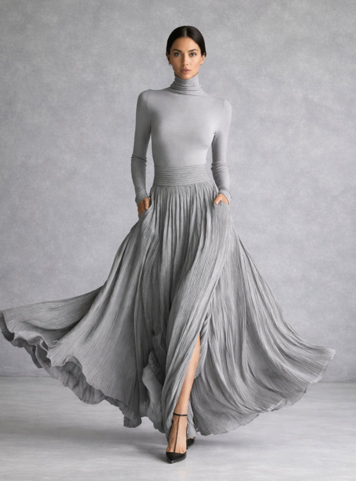 Women's Turtleneck Pleated Full-Skirt Maxi Dress with Side Pockets - Grey