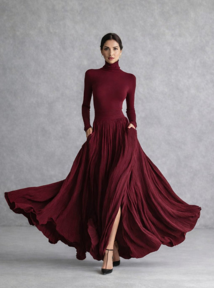 Women's Turtleneck Pleated Full-Skirt Maxi Dress with Side Pockets - Burgundy
