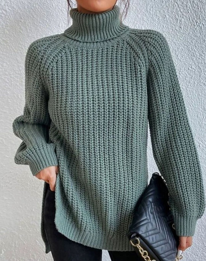 Women's Turtleneck Ribbed Knit Sweater Relaxed-Fit Long-Sleeve Pullover - Green