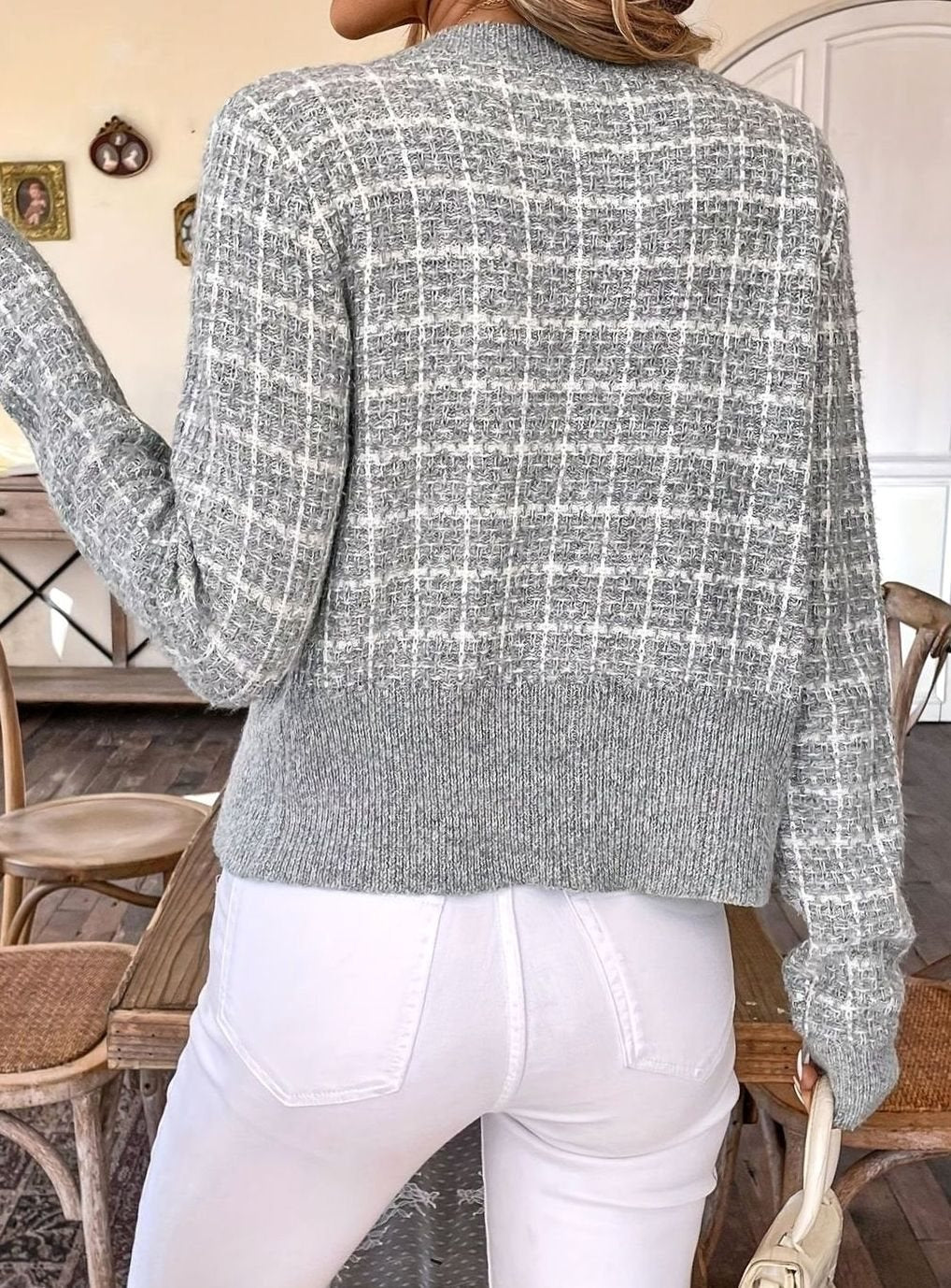 Women's Tweed-Style Cropped Button-Front Knit Cardigan