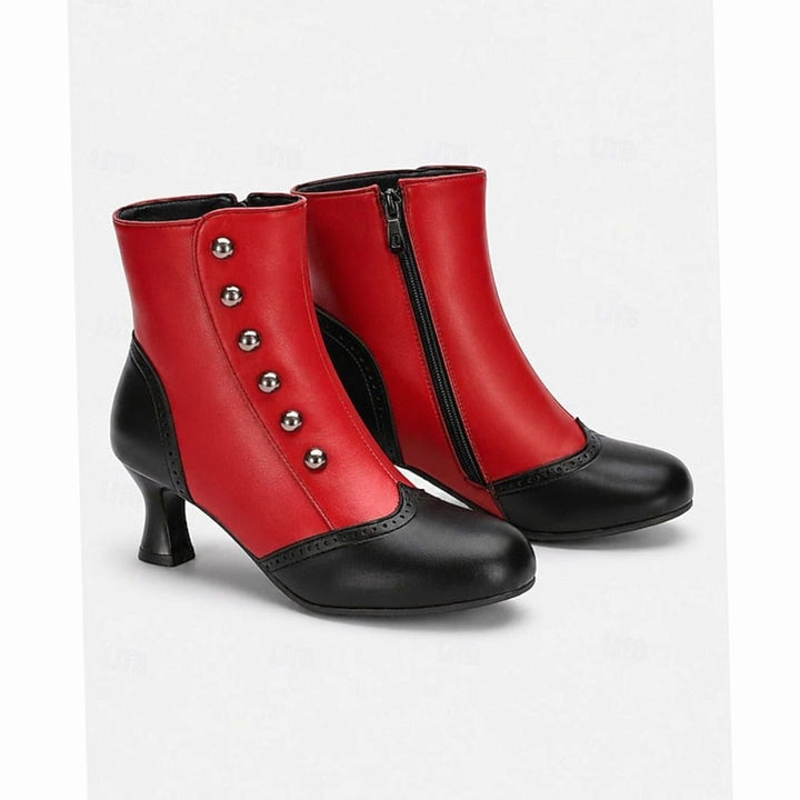 Women's Two-Tone Vintage Button-Detail Spool-Heel Ankle Boots - Black / Red