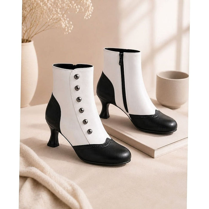 Women's Two-Tone Vintage Button-Detail Spool-Heel Ankle Boots - Black / White