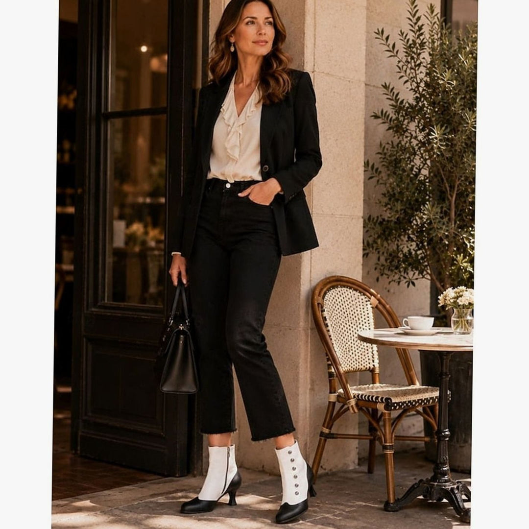 Women's Two-Tone Vintage Button-Detail Spool-Heel Ankle Boots