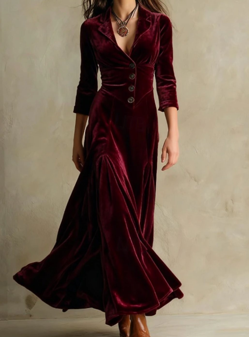 Women's V-Neck Button-Front Blazer-Style Maxi Dress - Burgundy