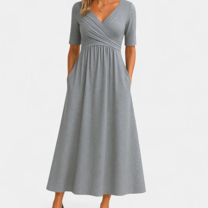 Women's V-Neck Ruched Empire-Waist Midi Dress Pockets - Gray