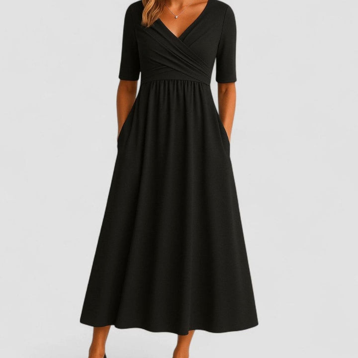 Women's V-Neck Ruched Empire-Waist Midi Dress Pockets - Black
