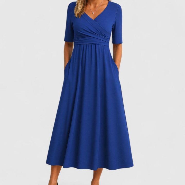 Women's V-Neck Ruched Empire-Waist Midi Dress Pockets - Blue