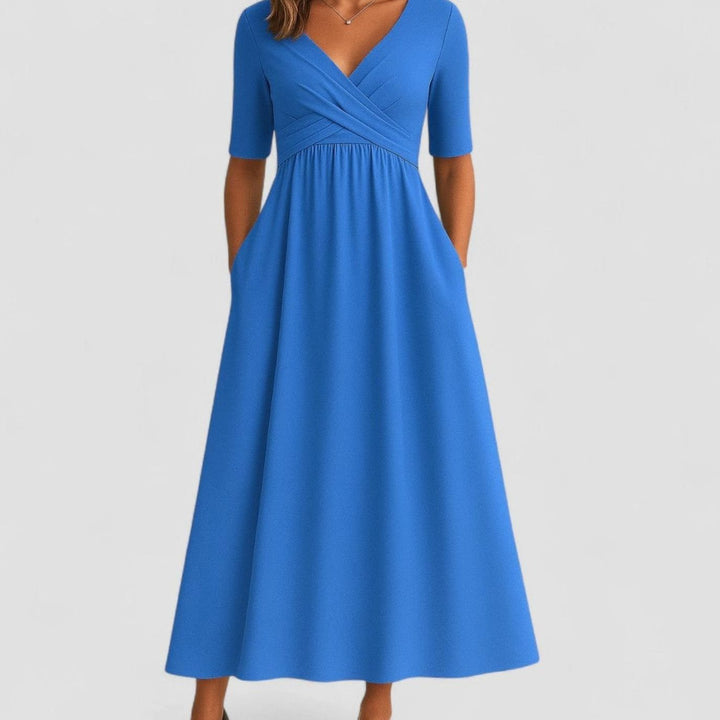 Women's V-Neck Ruched Empire-Waist Midi Dress Pockets - Azure