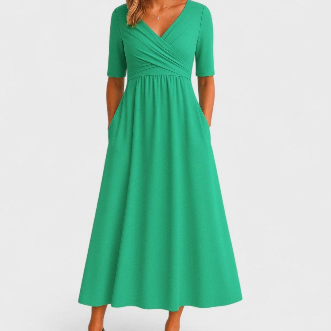 Women's V-Neck Ruched Empire-Waist Midi Dress Pockets - Green