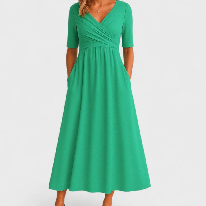 Women's V-Neck Ruched Empire-Waist Midi Dress Pockets - Green